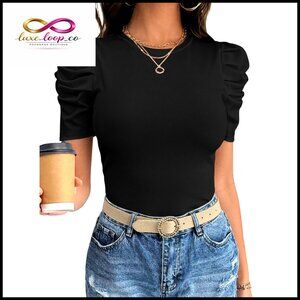 Slim Fit Ribbed Knit Top with Puff Sleeves for Work and Casual Wear